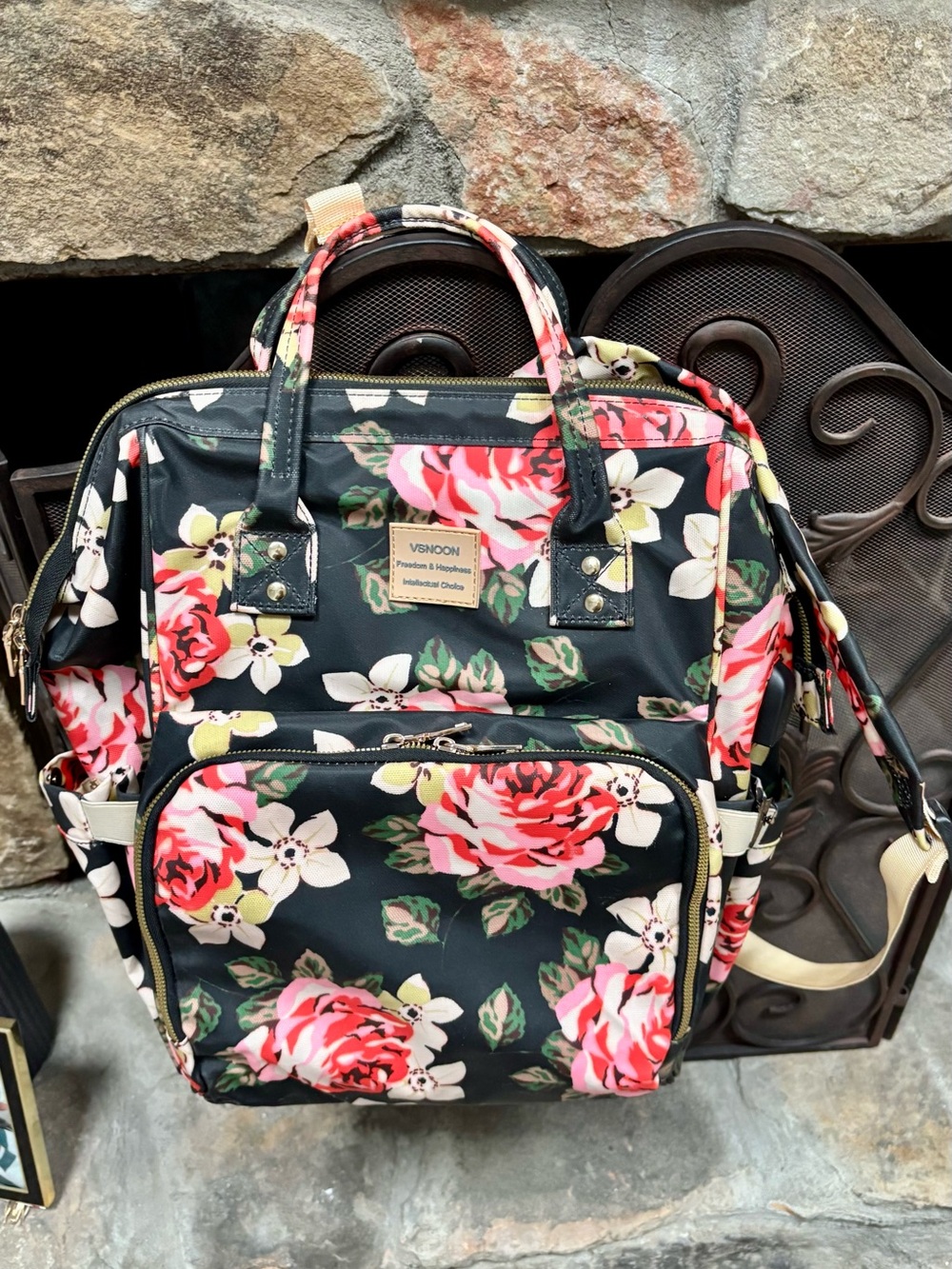 Floral Quilted Backpack Tote in Black and Pink Roses